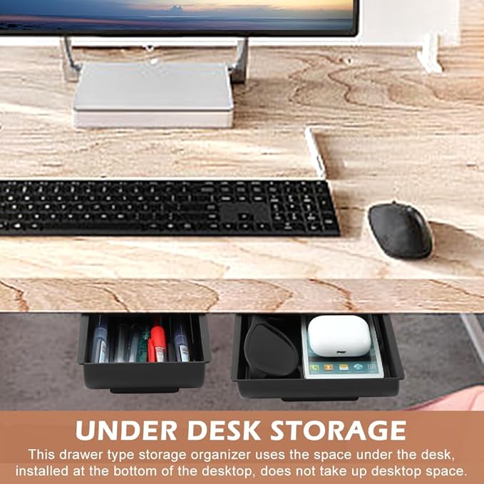 2pcs Under Desk Drawer, Self-Adhesive Pull Out Table Tray, Stick On Desk Drawer Pencil Holder Mounted Desktop Stationery Storage Organizer for Office Supplies & Home Essentials