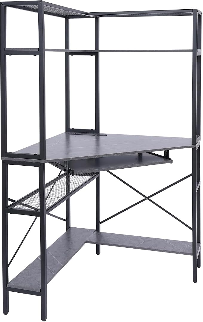 Corner Desk, Corner Computer Desk with Power Outlets, 29.5x29.5x60in Gaming Desk with LED Light Strip & Storage Shelves for Home Office and Small Space (Gray)