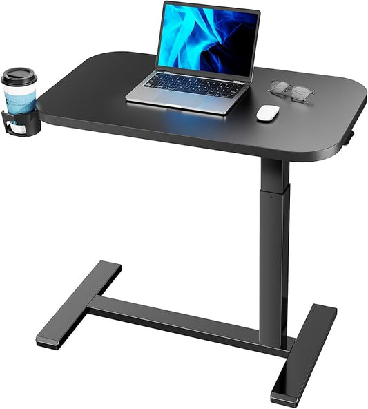 HUANUO 32Inch Bedside Table with Wheels, Height-Adjustable Rolling Computer Cart, Overbed Table with Cup Holder, Pneumatic Laptop Standing Desk for Home Office, Black