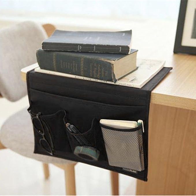 Bedside Storage Organizer with Pockets, Bedside Caddy, Table Cabinet Storage Organizer, TV Remote Control, Phones, Magazines, Tablets, Accessories, Black