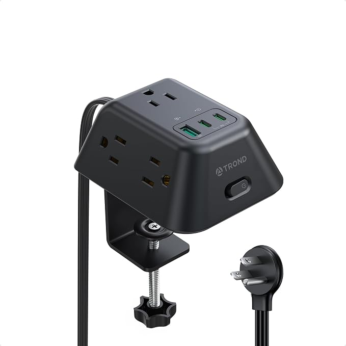 TROND Desk Clamp Power Strip with USB C PD 20W, Desk Surge Protector with 5 AC Outlets, Desktop Charging Station, Fit 1.97in Tabletop Edge Thick, Extension Cord 6ft for Home Office Accessories, Black