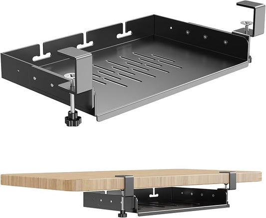 No Drill Under Desk Laptop Mount, Metal Under Desk Storage Shelf with Cable Management, Laptop Storage Tray for MacBook, Keyboard, Mac Mini, Anti-Scratch Silicone, Fits Office, Gaming, Workstations