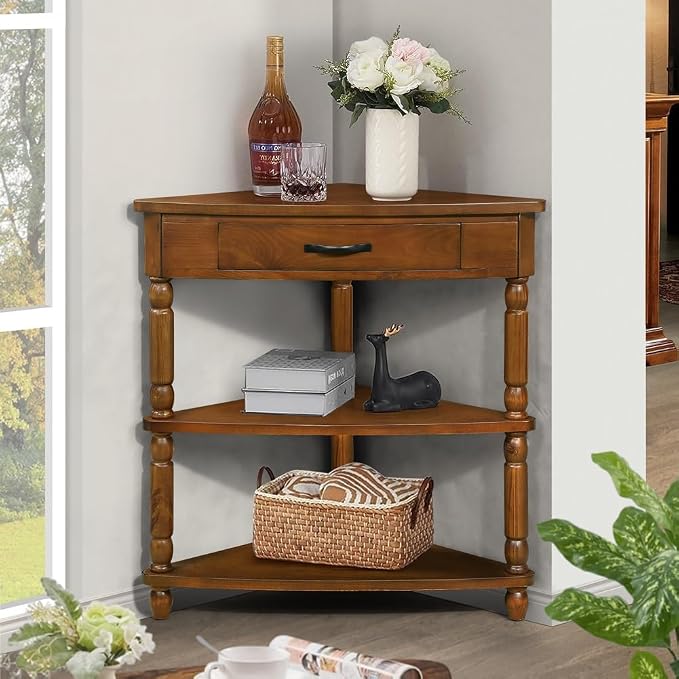 3-Tier Corner Display Rack Small Corner Table Wood Triangle Side Table with Drawer & 2 Open Shelves Multipurpose Shelving Unit for Living Room Bedroom (Brown)