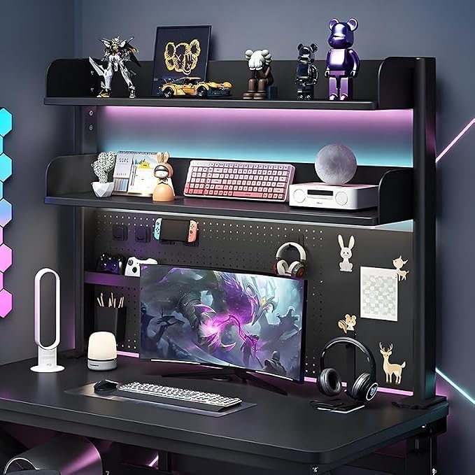 CHSSIH Clamp On Desk Pegboard Shelf - Metal Desktop Organizer Hutch with 2 Shelves for Storage and Display, Desk Add-On Shelf for Office, Dorm, or Computer Monitor Stand, Black, 31.4In
