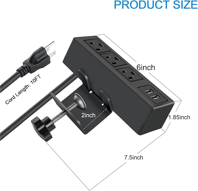 3 Outlet Desk Clamp Power Strip, Desktop Power Strip with USB Ports, Desk Mount USB Charging Power Station, on Desk Edge Power Outlet 125V 12A 1500W, 10 FT Desk Outlet Strip. (10FT, Black)