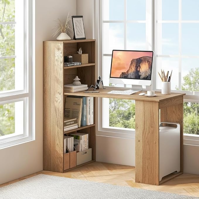 Tangkula Computer Desk with Bookshelf, Writing Study Desk with Storage Shelves & CPU Stand, Modern Compact Computer Workstation for Home & Office, Space-Saving Design(Natural)