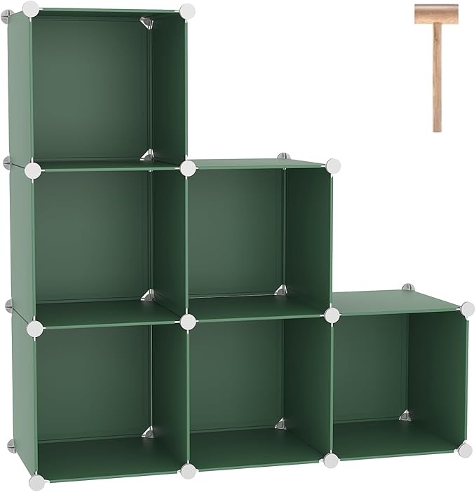C&AHOME 6-Cube Storage Organizer, Stackable Storage Cubes Shelves, Portable Bookshelf, Plastic Clothing Storage Closet Organizer, DIY Modular Shelving Units for Wardrobe, Home, Green