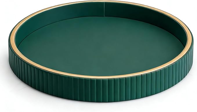 SANZIE Leather Tray Desktop Storage Organizer Premium Serving Tray Decorative Tray Valet Tray for Sundries Cosmetics Keys Phone Wallet Cutlery (Green Disc)