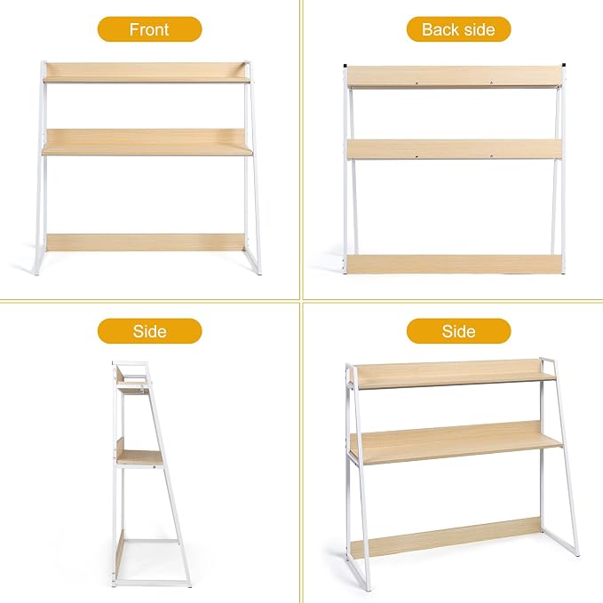 2-Tier Desktop Bookshelf & Hutch - Fits Over Large Monitors - Modern Desk Organizer with Metal Frame - Vertical Storage for Small Desks, Home Office, Dorm, Makeup Vanity (Blonde Wood/White)