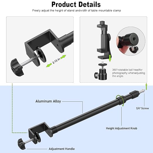 2 Pack Desk Mount with 1/4" & 3/8" Screws, Ball Head, 17-41" Adjustable Aluminum Stand, for DSLR & Ring Light