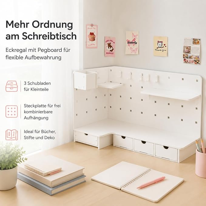 Corner Organizer Pegboard Organizer, White Desktop Storage Shelf, Small Desk Shelf for Home Office, Vertical Desk Storage, Corner Pegboard Shelf - Upgrad (#0143)