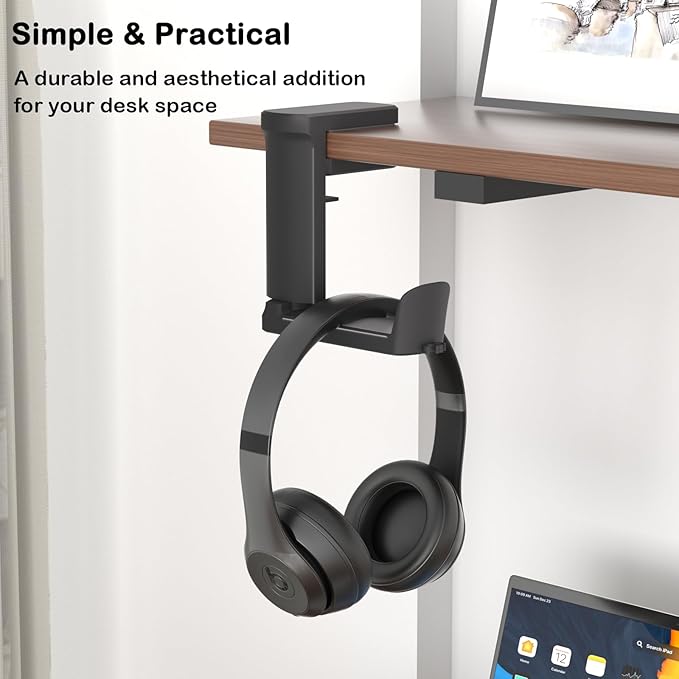 Headphone Hook - Adjustable Clamp-on Headphone Holder, Under Desk Gaming Headset Holder Mount Hook with Rotating Clamp (Black_2 Pack)