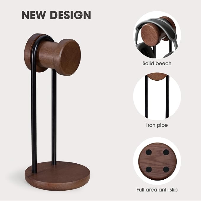 Fenge Headphone Stand for Desk, Nature Wood & Metal Headphone Holder with Storage Base, Desktop Headset Stand for Gaming Universal Headphones, Walnut