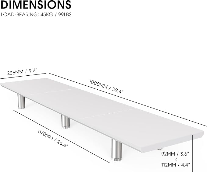 Fenge 39.4 Inch Dual Monitor Stand, Height Adjustable Monitor Riser Stand for Desk, Wooden & Steel Monitor Shelf for 2 Computers up to 99lbs, Stable Desk Organizer for PC Laptop TV, White