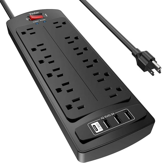 Power Strip, Yintar Surge Protector with 12 AC Outlets and 4 USB Ports, 6 Feet Extension Cord, 2700 Joules, ETL Listed, Black