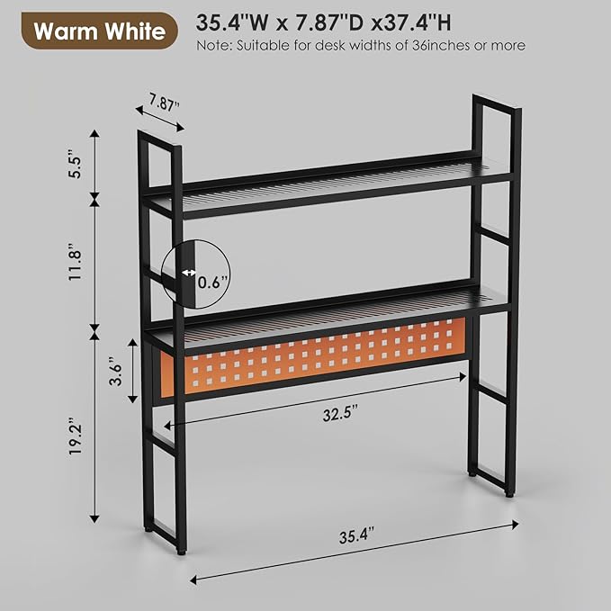 Brakki Desk Shelf, Desk Hutch Bookshelf, Desktop Shelf with Pegboard, Black | L35.43", 2 Tier Bookcase, for Computer Monitor, Metal Desktop Hutch, Storage Organizer for Dorm Home Office