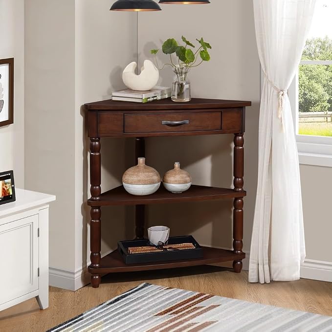3-Tier Corner Display Rack Small Corner Table Wood Triangle Side Table with Drawer & 2 Open Shelves Multipurpose Shelving Unit for Living Room Bedroom (Light Espresso)