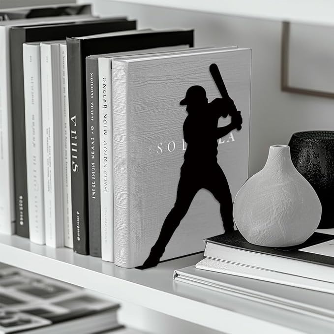 Peacoblue Metal Bookends for Shelves, Modern Decorative Heavy Duty Study Book Support Stoppers for Office, Desk, Shelf, Room 5.3"x4.3"x7.9" Cast Iron Simple Tall Bookends, 1 Pair (Baseball)