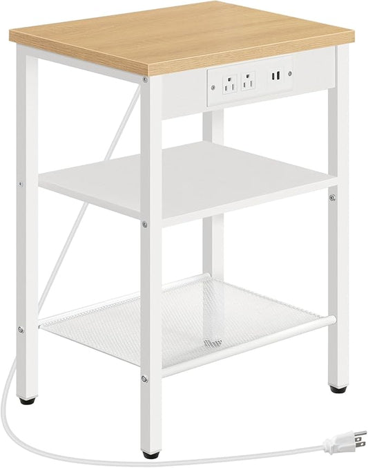 HOOBRO Side Table with Charging Station and USB Port, Small End Table for Small Space, 3-Tier Nightstand with Adjustable Shelf, for Living Room, Bedroom, Natural and White WN112BZ01