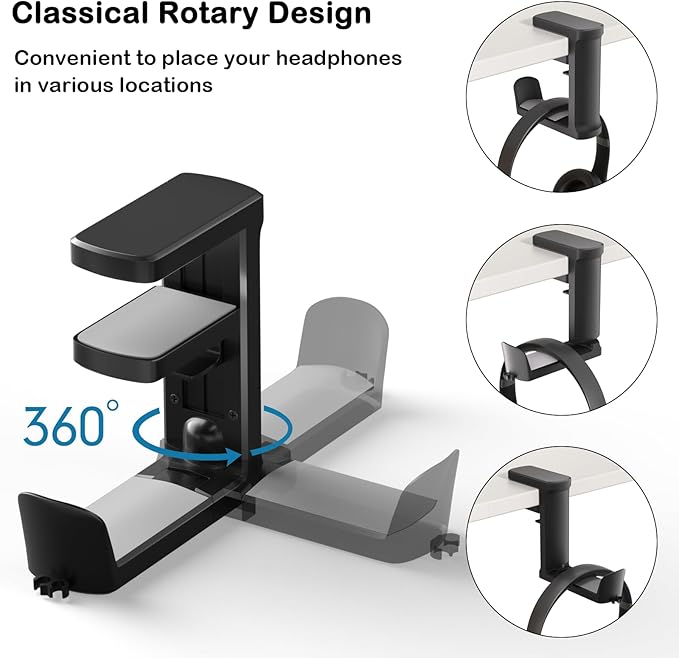 Headphone Hook - Adjustable Clamp-on Headphone Holder, Under Desk Gaming Headset Holder Mount Hook with Rotating Clamp (Black_2 Pack)