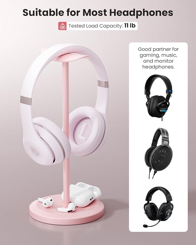 Headphone Stand, Desktop Headset Holder, Pink | Earphone Stand, Gaming Headphone Hanger, Enlarged Headrest Heavy Base, Office Desk Accessories for All Headphones Size