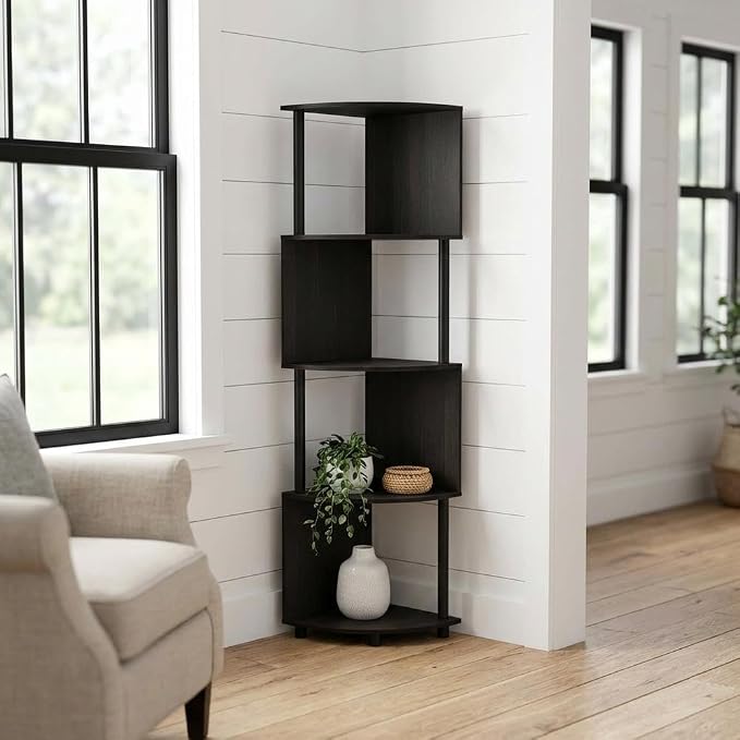 Furnifact Espresso Black 4-Tier Zigzag Corner Shelf Bookcase, Space-Saving Design, Wooden Construction, Modern Style for Living Room, Office