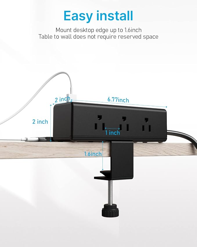 CCCEI Desk Clamp Power Strip with 9 Outlets, Desktop Edge Mount Surge Protector with USB-A and 45W USB-C Ports, Widely Spaced Desk Outlet Fast Charging Station, 4 FT Flat Plug, Fit 1.6 inch Table.