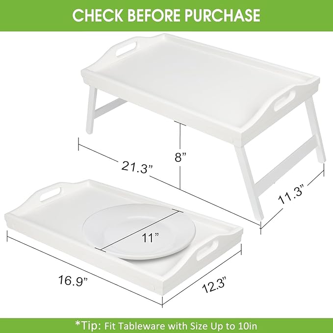 Bed Tray Table Bamboo Breakfast Food Tray with Folding Legs Kitchen Platters Serving Plate for Bed TV Table Desk Laptop Computer（White Large）