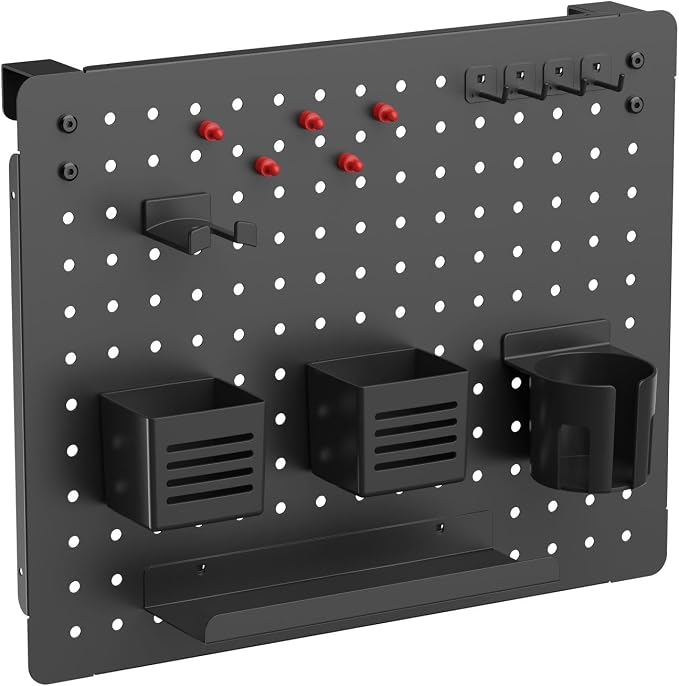 Kantek Pegboard Desktop Organizer & Accessories, Sits, Hangs or Clamps to Tables, 20.58” X 17” Black Steel Privacy Panel, Cup Holder, Pen Cup, Headphone Holder, Tray, Magnets, Easy Install