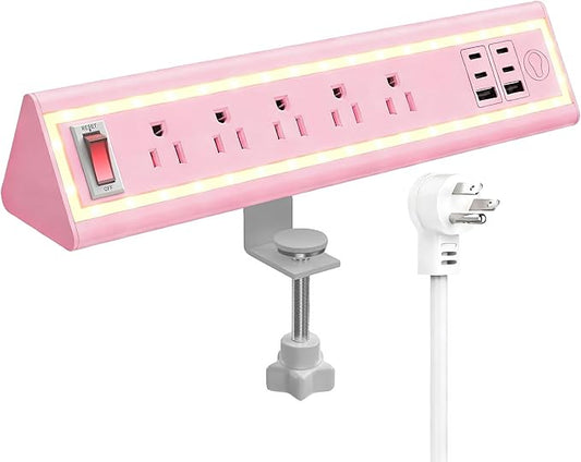 Desk Clamp Power Strip with Nightlight, 40W Fast Charging, 6FT Extension Cord, 4x20W USB-C & 2 USB Ports, 5 AC Outlets, Fits 1.69-Inch Table Edges