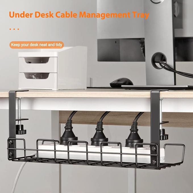 Under Desk Cable Management Tray - L 14.9'' W 5.9'' Organizer for Cord Wire Desk Table Rack No Drill Installation for Home Office Workstation PC Computer Desktop Laptop