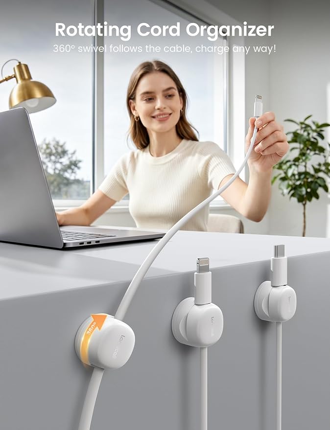 Lamicall 6 Pack Magnetic Cable Clips, 360° Rotating Cord Organizer Cable Management, No Residue Adhesive Phone Charger Cord Holder for Desk Nightstand Wall Car, Office Home Dorm Room Accessories