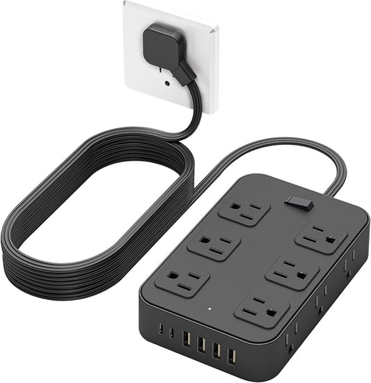 Flat Plug Power Strip Surge Protector 5 Ft Extension Cord with 12 AC Outlets 6 USB Ports 3 Side Multi Plug Outlet Extender Home Office Kitchen Dorm Room Wall Desk Charging Station ETL Listed