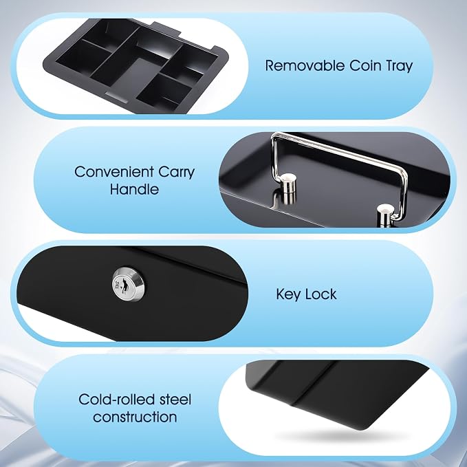KYODOLED Metal Cash Box with Key Lock & Money Tray - Secure Safe for Home, Office & Events, Ideal for Cash, Meds & Small Items, 7.87" x 6.30" x 3.35", Black, 4 Pack