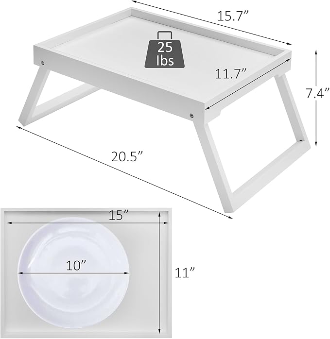Bamboo Bed Tray Table with Foldable Legs, Breakfast Tray (White) | Laptop Desk with Folding Legs for Bed or Sofa,Food,Dinner, Serving,TV Table,Kitchen,Eating,Working