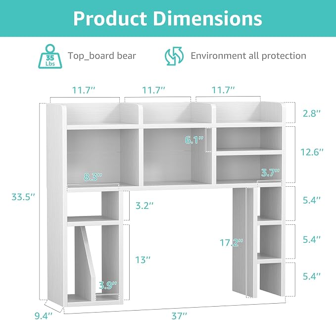 NUTIKAS White Desk Hutch Dorm with Shelves and File Organizer - 37" Wood Desktop Hutch for College Room, Desktop Bookshelf for Computer Desk, Space Saving Bookshelf