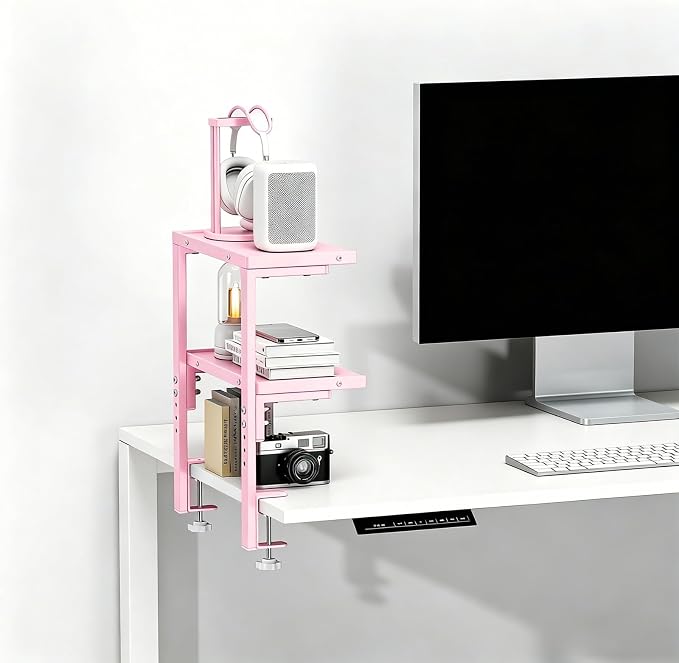 2-Tier Desk Shelf, Expandable Under Desk Storage, Clamp on Desk Shelf, Desktop Accessories for Offices, Study Rooms, and Game Rooms (Pink)
