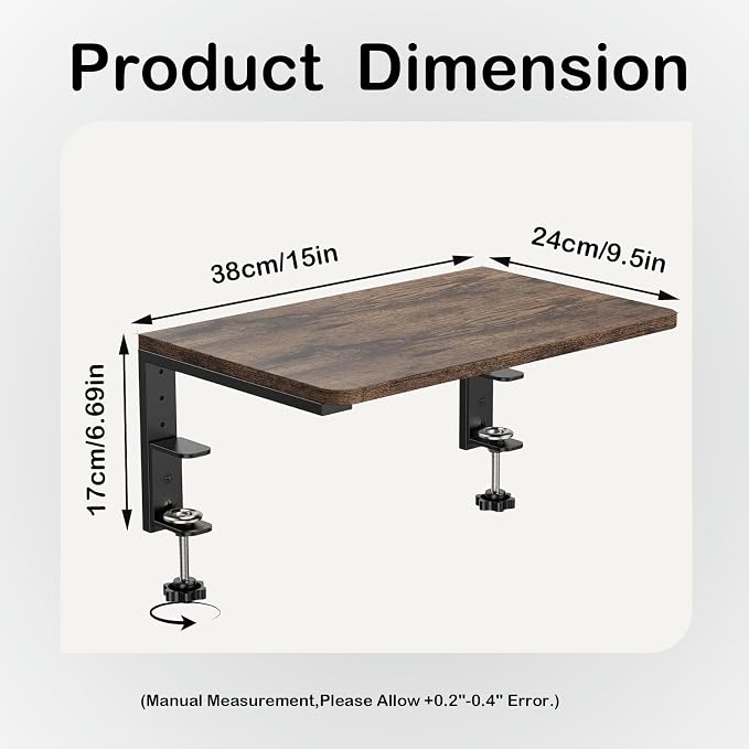 Desk Extender, 15-inch Desk Clamp Shelf, Height Adjustable Desktop Organizer for Office, Game Room, Kitchen and Studio (Brown)