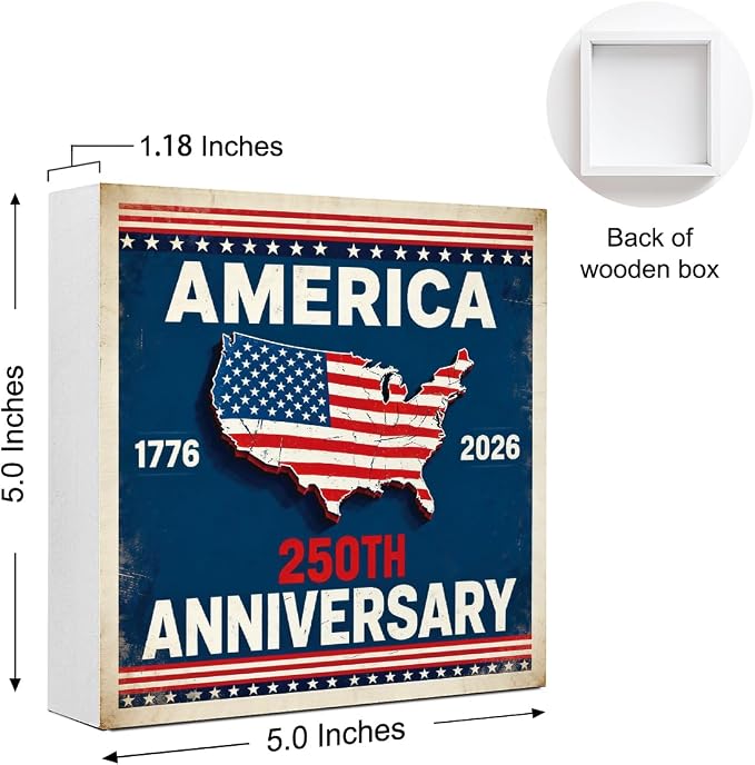 Patriotic Wooden Box Sign,1776-2026 Anniversary 4th Of July Signs Home Decor,Independence Memorial Day Block Sign for Desk Shelf Tabletop Decor