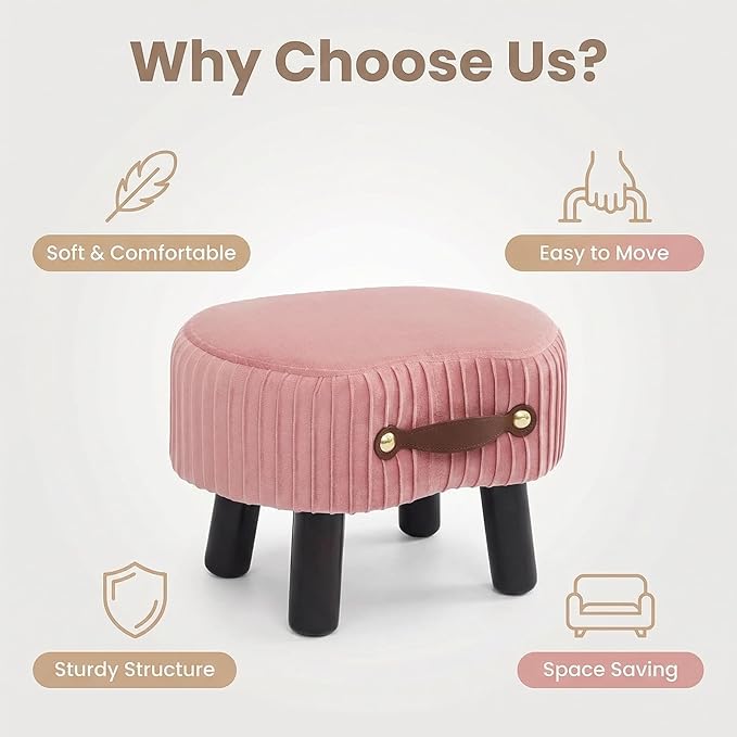 Foot Stools Small, Ottomon with Handle, Velvet Footrest Ottoman | Curved Foot Stool with Padded Seat Wooden Legs, Portable Foot Rest for Living Room, Bedroom, Entryway (Pink)
