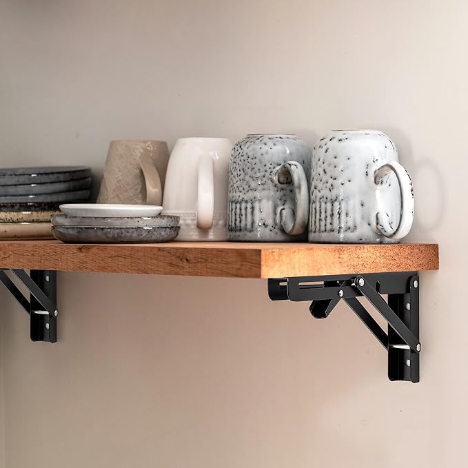 Ravinte 2 Pack 8 Inch Folding Shelf Brackets – Matte Black, Heavy Duty Collapsible Brackets for Tables and Benches – Space-Saving Design