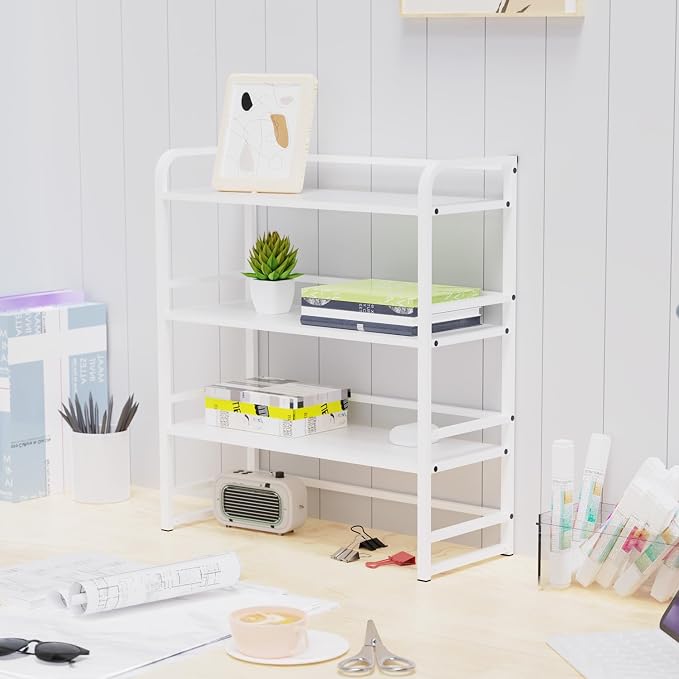 Office Desk Shelf Organizer, Wood Desktop Bookshelf Supplies Storage Rack, Shelf for Top of Desk and Dresser and Cubicle Decor Aesthetic Bookshelf (White White, Three Tier, 11.81Lx7.87Wx22.05H)