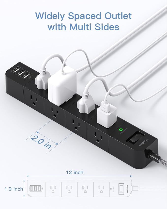10 ft Surge Protector Power Strip, Flat Plug Extension Cord with 8 Widely Spaced AC Outlets and 3 USB Ports, ETL Listed Desktop Charging Station for Home Office Travel Computer Wall Mount, Black