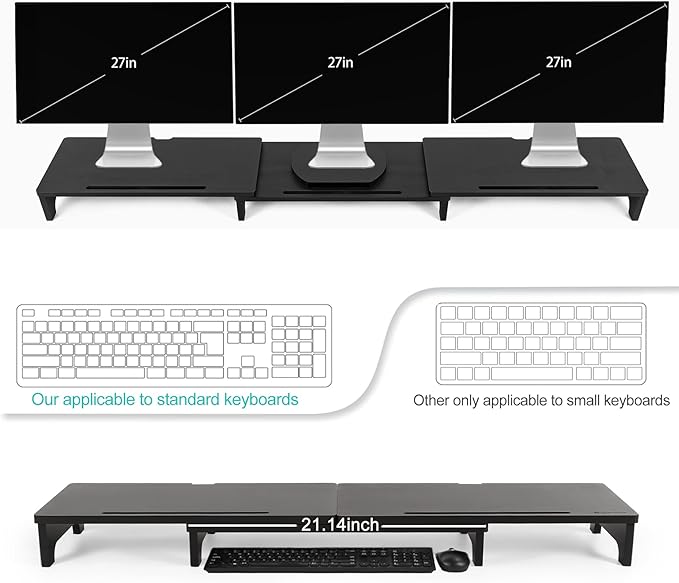 Nnewvante Monitor Stand Riser, Upgrade Height Large TV Riser, 60 inch Large Bamboo Dual Monitor Stand for Desk, 3 Shelves Desktop Screen Riser with Adjustable Length Angle for Computer Laptop Black