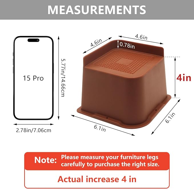 6 Pack Brown Bed Risers 4 inch Heavy Duty, Oversized Furniture Risers, Bed Lifts Risers for Table, Sofa, Chair, Couch, Desk, Bed Frame Risers Supports Up to 6,500 Lbs