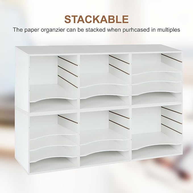 EMERIT Paper Organzier Wood Desktop Organizer Storage Letter Tray File Sorter with Adjustable Shelves for Home Office