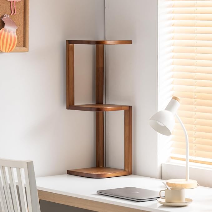 Corner Shelf Stand Desk Organizer,26.8" H Rubberwood Brown Rack for Small Spaces, Bedroom,Home Office,Kitchen,Bathroom (Walnut, 3 Tier)