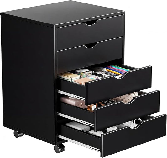Mobile File Cabinet Under Desk, 5 Drawer Storage Organization with Wheels, Vertical Filing Chest Rolling Wood Small Desk Printer Stand for Home Office, 15.75" D x 18.74" W x 25.39" H
