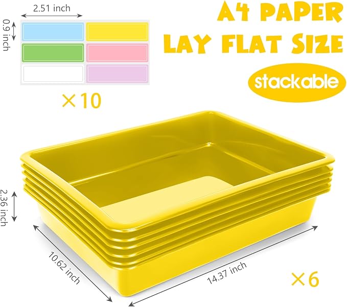 ShineMe 6 Pack Paper Trays for Classroom, Yellow Plastic Book Bins with Colorful Labels, Stackable Letter Size Storage Tray, Desk Organizer Tray for Home, School and Office