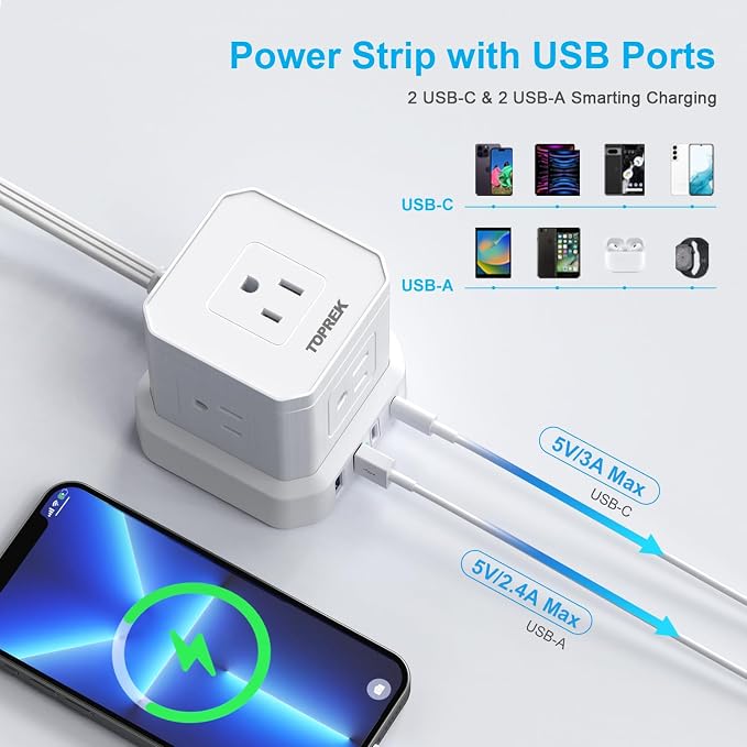 TOPREK Power Strip 25 FT Extra Long Extension Cord | Flat Plug Surge Protector (700J) with 5 Outlets, 2 USB-C, 2 USB-A for Apartment, Home Office, Recreational Vehicle